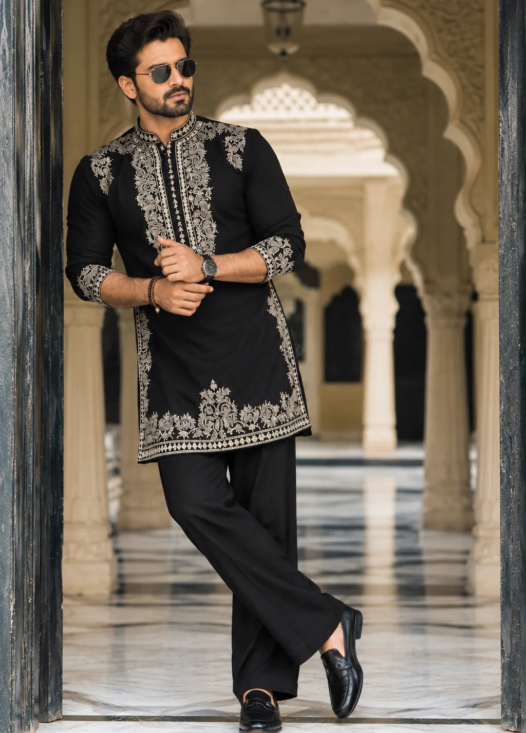 Black Armani Viscose Kurta Full Set With Embroidery