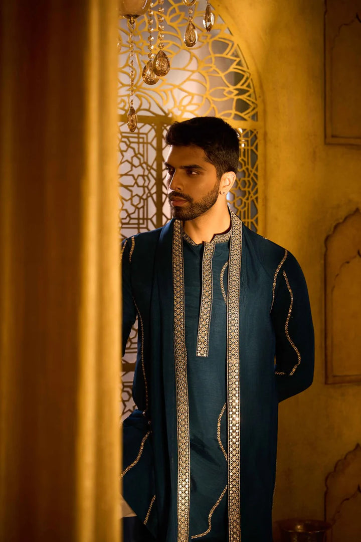Dark Teal Blue Embroidered Rose Silk Designer Kurta Pajama with Dupatta