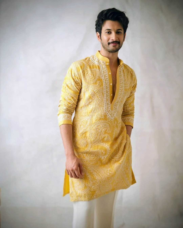 Yellow Mustard Parrot Chanderi Kurta Set