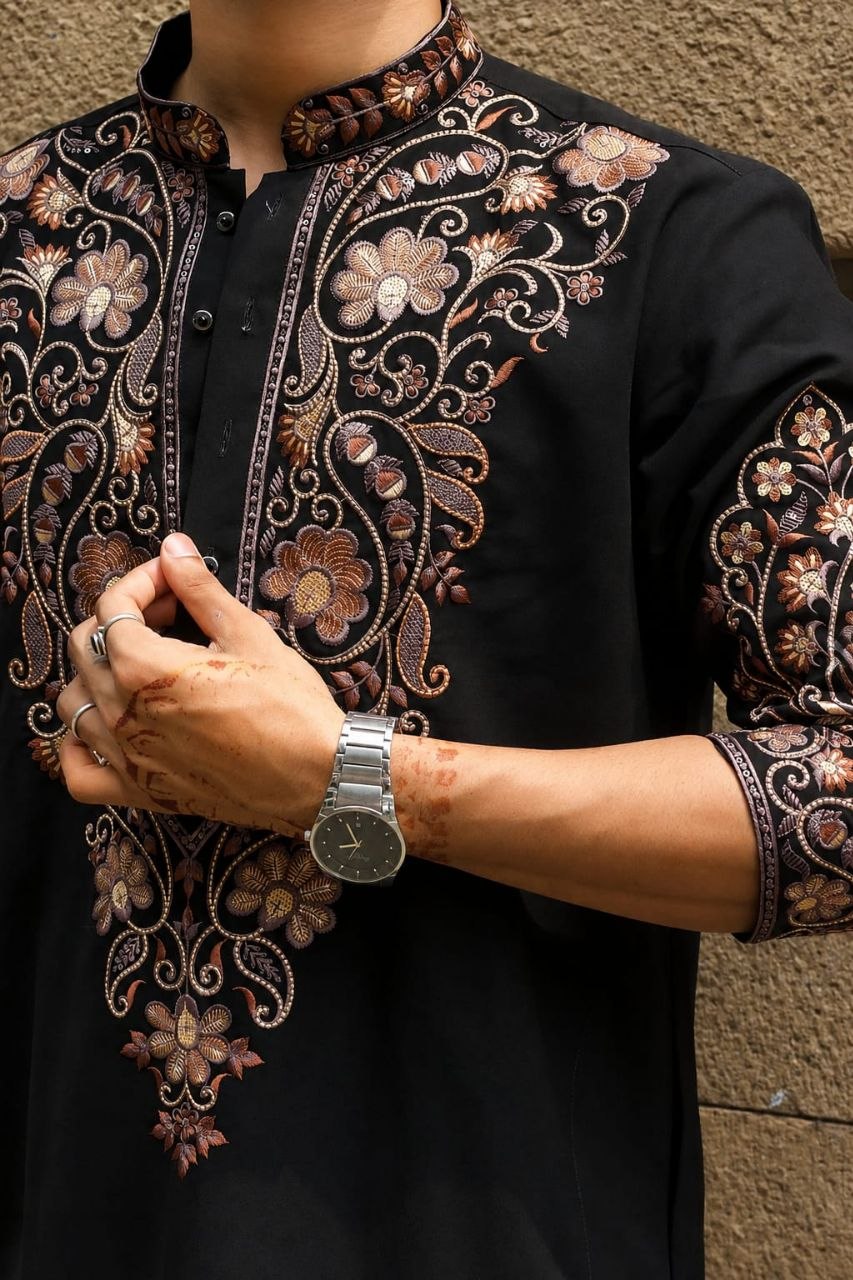 Men's Black Kurta Set with V-Neck Thread Work Embroidery