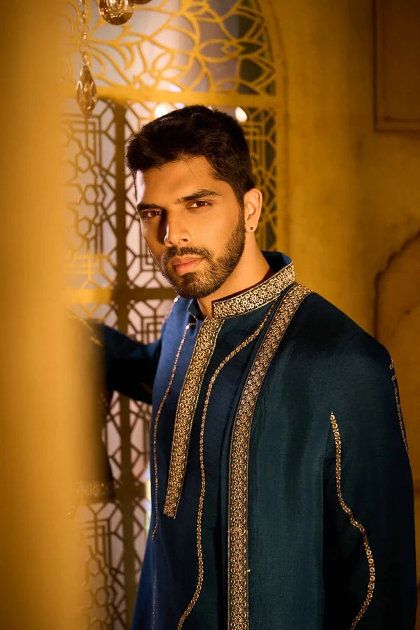 Dark Teal Blue Embroidered Rose Silk Designer Kurta Pajama with Dupatta