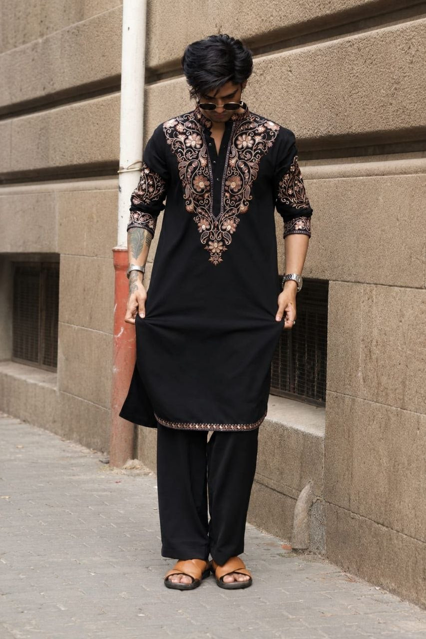 Men's Black Kurta Set with V-Neck Thread Work Embroidery