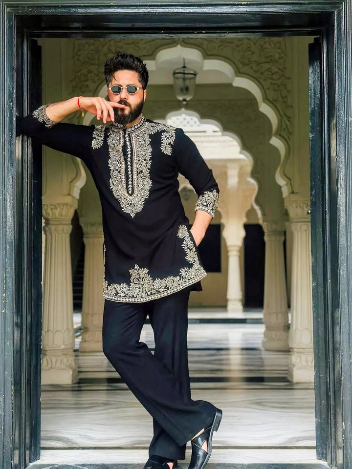 Vinay Rana Black Viscose Kurta Set With Embroidery