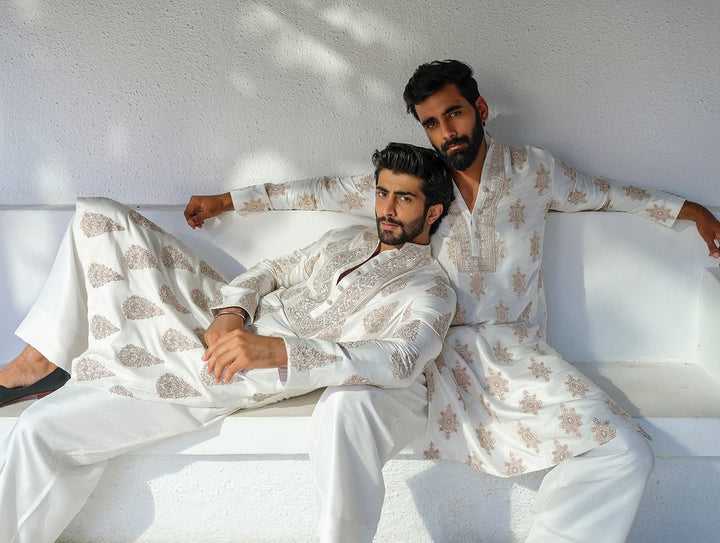 White Silk Blend Kurta Pajama set With Embroidery work