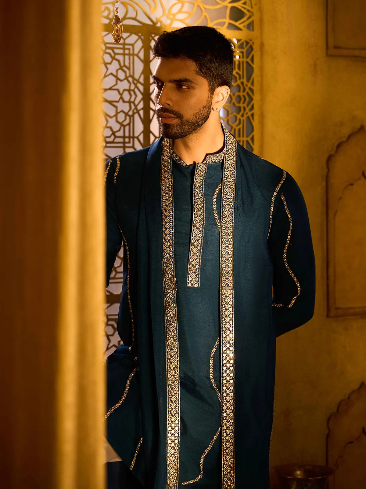 Dark Teal Blue Embroidered Rose Silk Designer Kurta Pajama with Dupatta