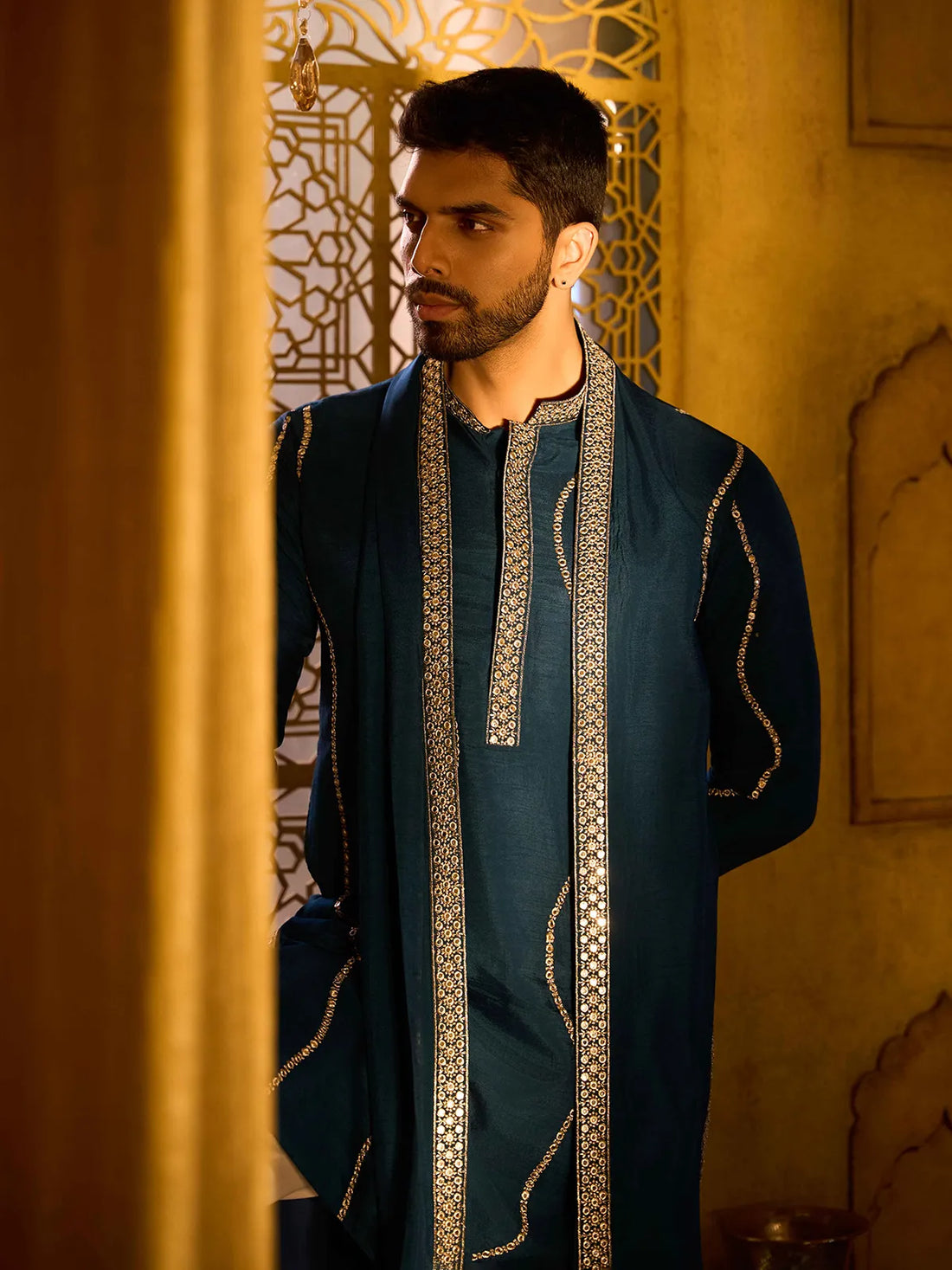 Dark Teal Blue Embroidered Rose Silk Designer Kurta Pajama with Dupatta