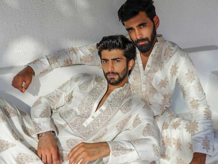 White Silk Blend Kurta Pajama set With Embroidery work