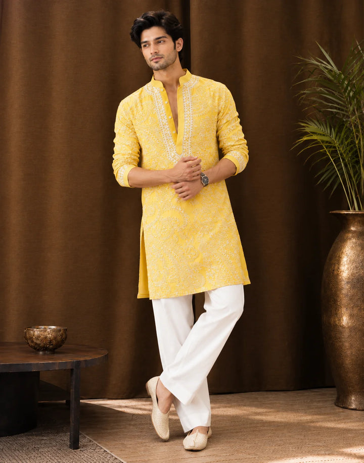 Yellow Mustard Parrot Chanderi Full Heavy Embroidery Kurta Pant Set