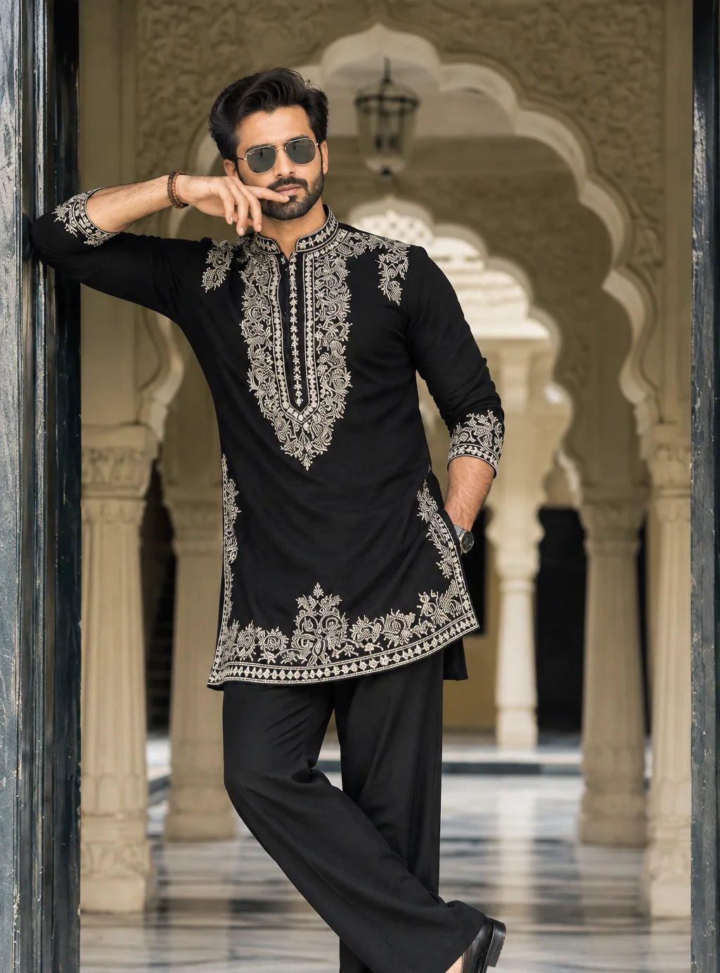 Black Armani Viscose Kurta Full Set With Embroidery