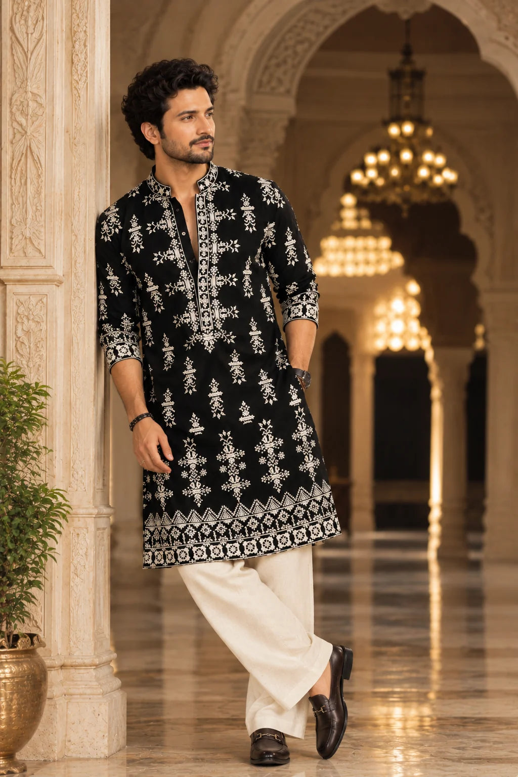 Black Velvet Ivory Kurta & Pant Embroidery