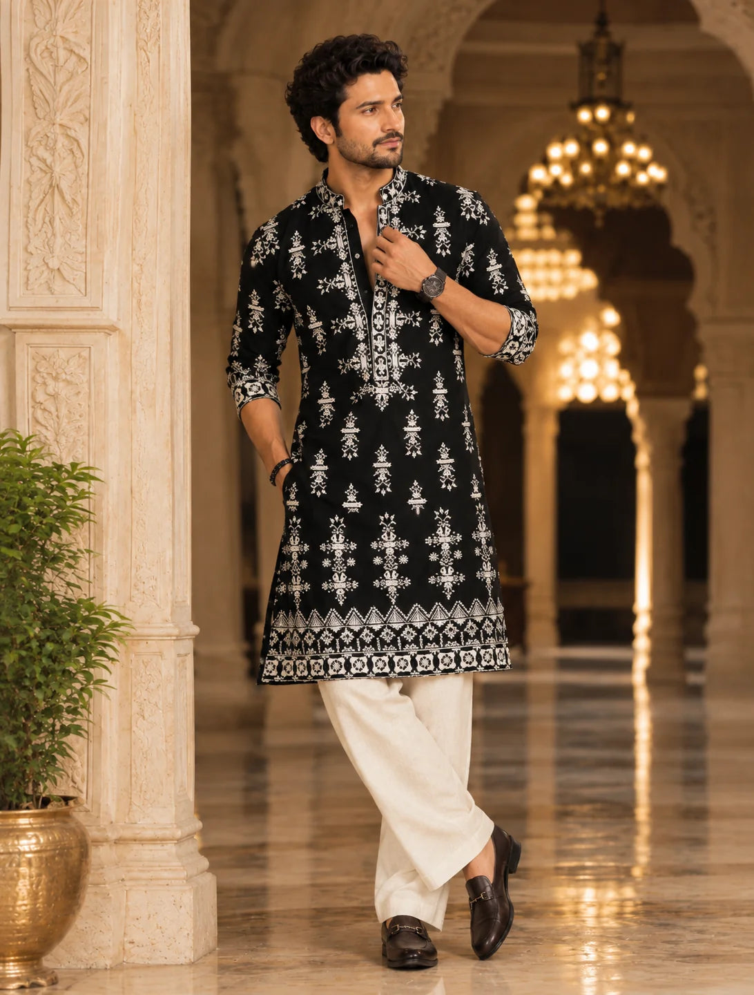 Black Velvet Ivory Kurta & Pant Embroidery