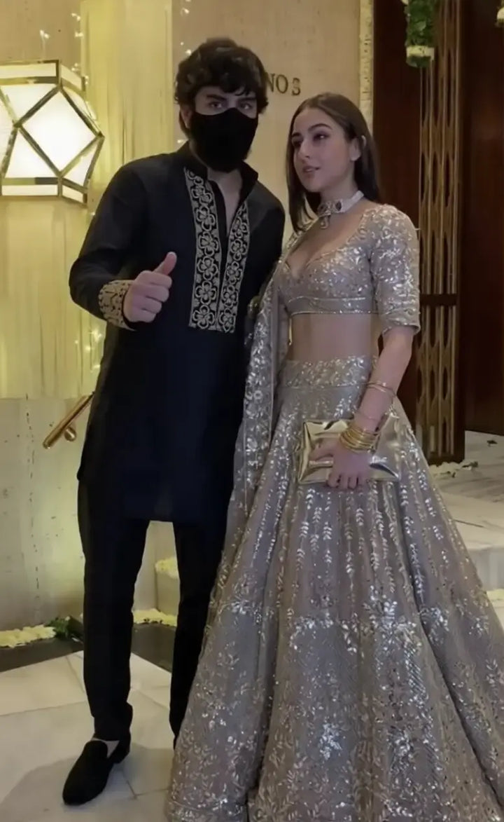 Ibrahim Ali Khan Inspired Black Embroidered Kurta Set