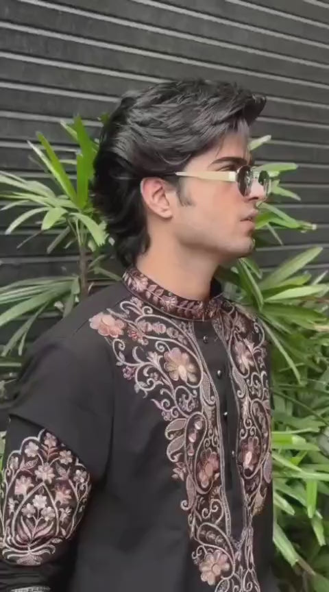 Men's Black Kurta Set with V-Neck Thread Work Embroidery