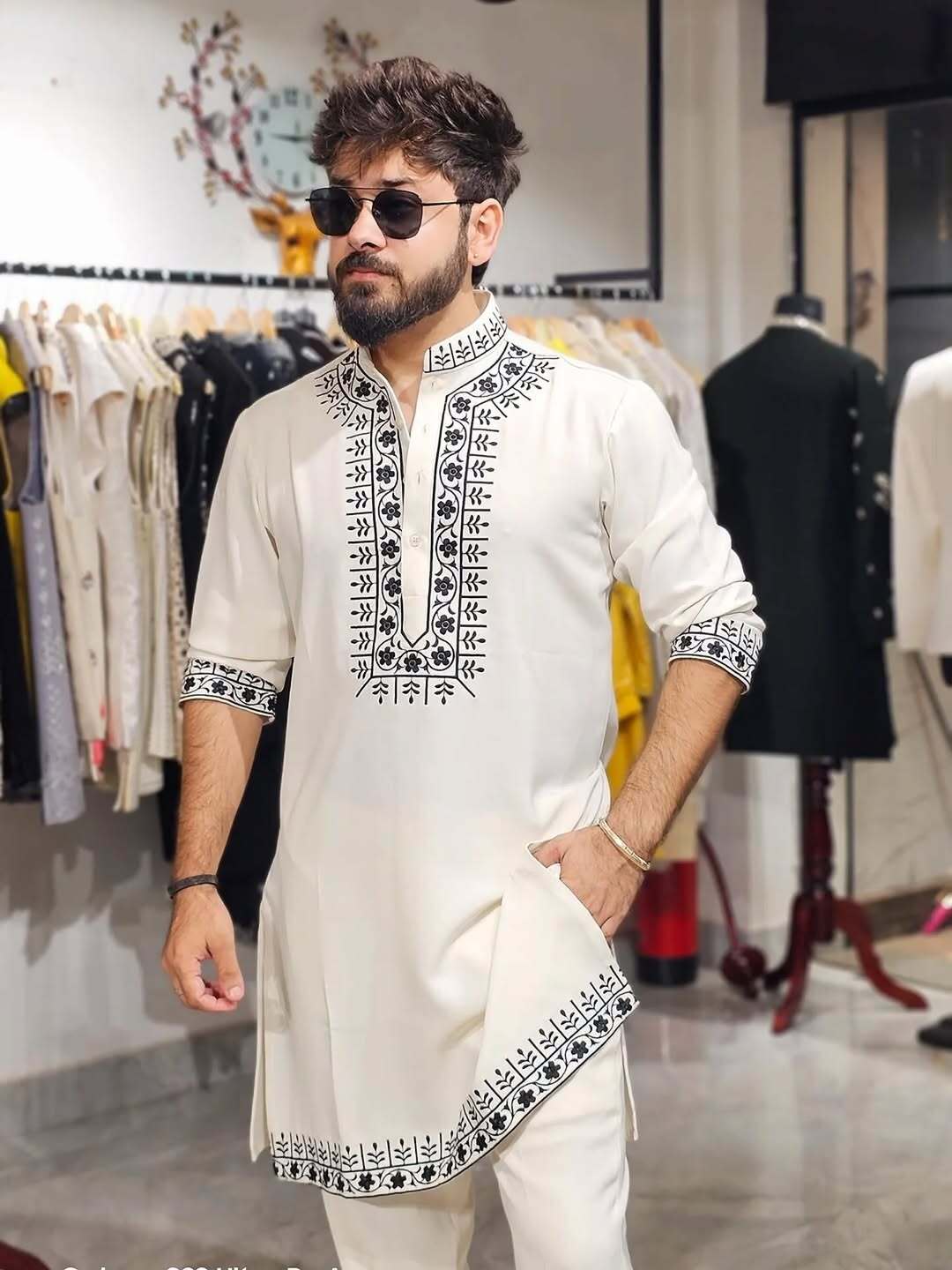 Off White Black Hand Embroidery Work designer kurta