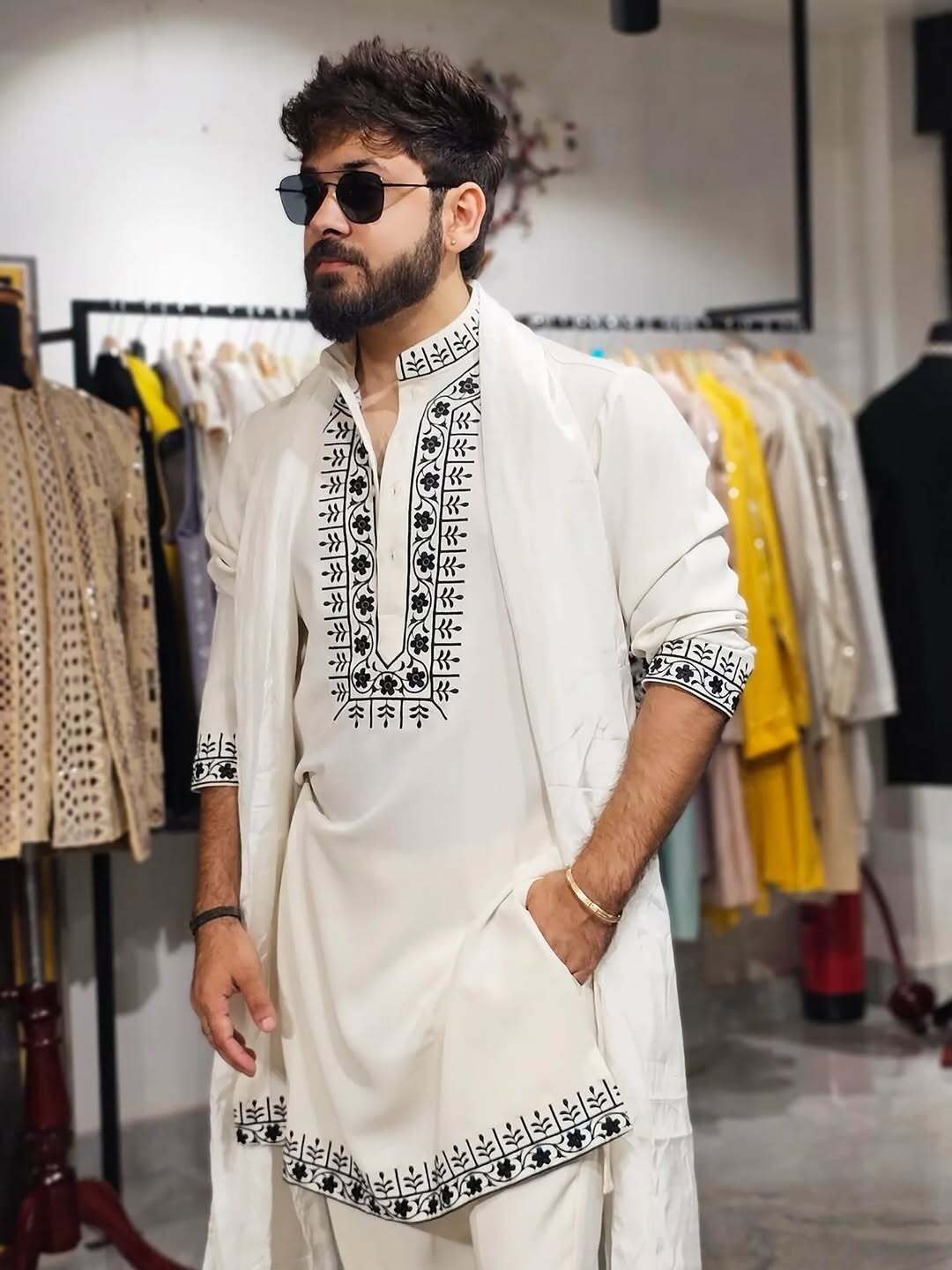 Off White Black Hand Embroidery Work designer kurta