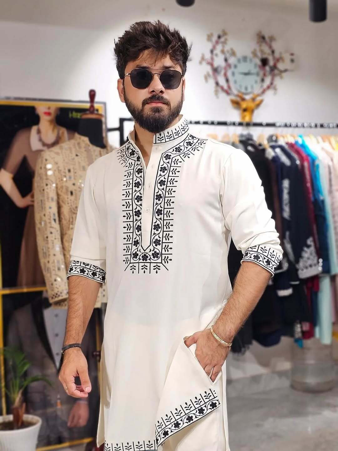 Off White Black Hand Embroidery Work designer kurta