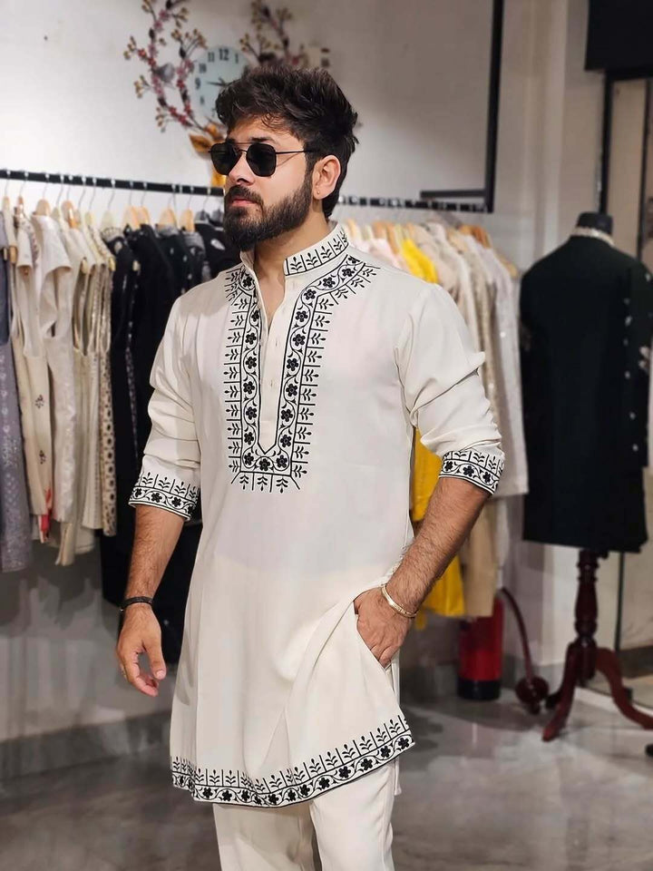Off White Black Hand Embroidery Work designer kurta